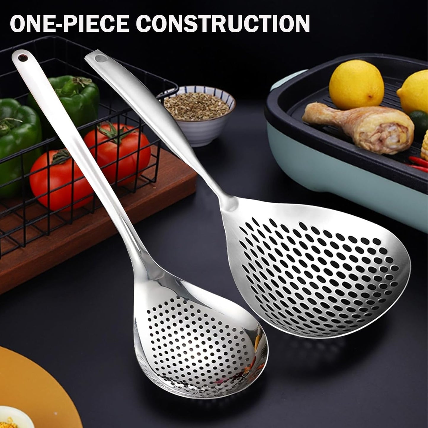 Skimmer Slotted Spoon, 2 Pack Stainless Steel Pasta Spider Strainer Ladle for Frying and Cooking, Frying Strainer Spoon, Kitchen Cooking Skimmer Colander