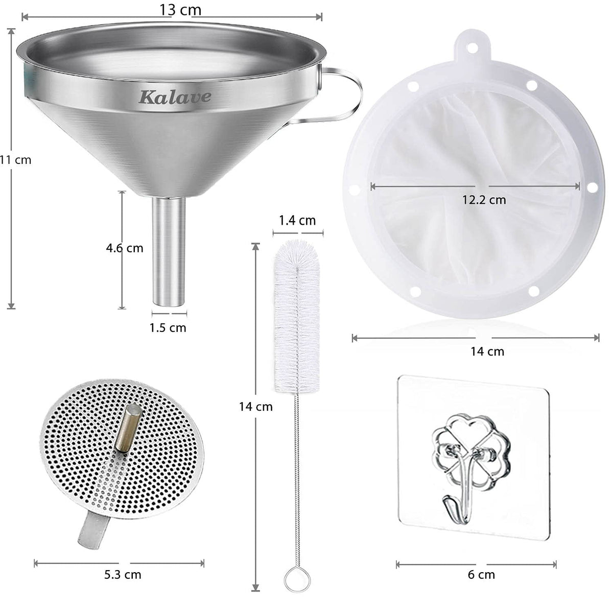 Premium Stainless Steel Funnel, 5 Inch Food Grade Kitchen Funnels with 200 Mesh Food Filter Strainer for Filling Bottles, Oils, Juice, Wine, Coffee, Milk