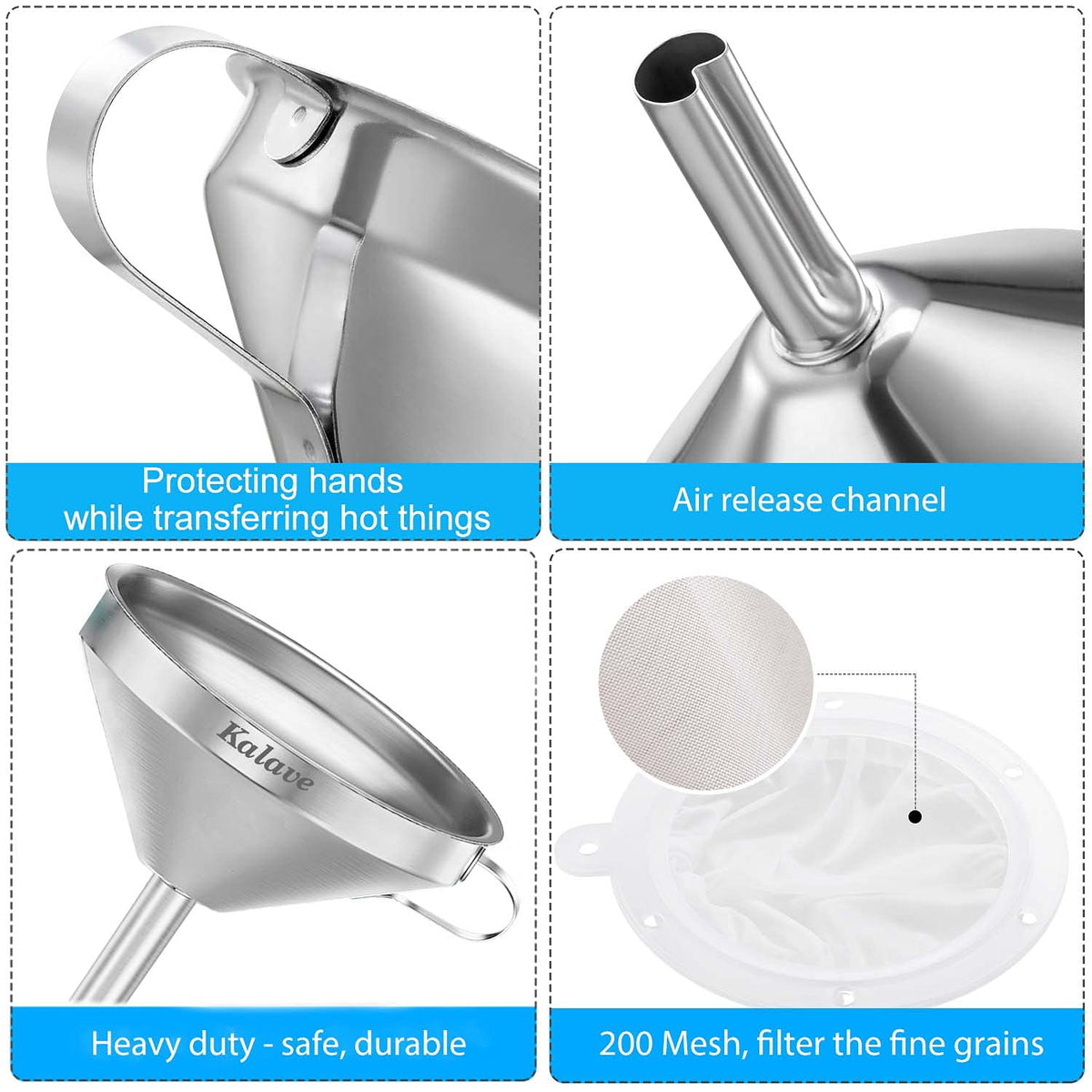 Premium Stainless Steel Funnel, 5 Inch Food Grade Kitchen Funnels with 200 Mesh Food Filter Strainer for Filling Bottles, Oils, Juice, Wine, Coffee, Milk