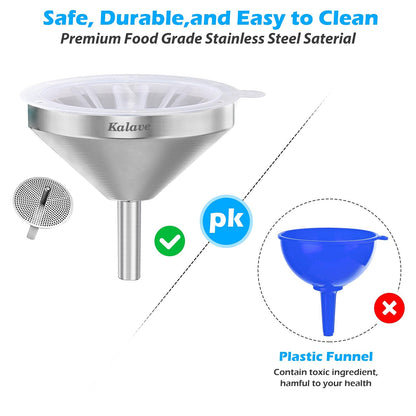 Premium Stainless Steel Funnel, 5 Inch Food Grade Kitchen Funnels with 200 Mesh Food Filter Strainer for Filling Bottles, Oils, Juice, Wine, Coffee, Milk
