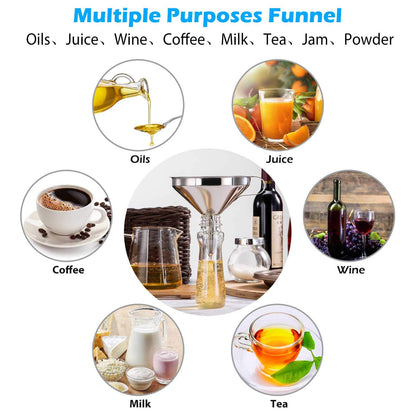 Premium Stainless Steel Funnel, 5 Inch Food Grade Kitchen Funnels with 200 Mesh Food Filter Strainer for Filling Bottles, Oils, Juice, Wine, Coffee, Milk