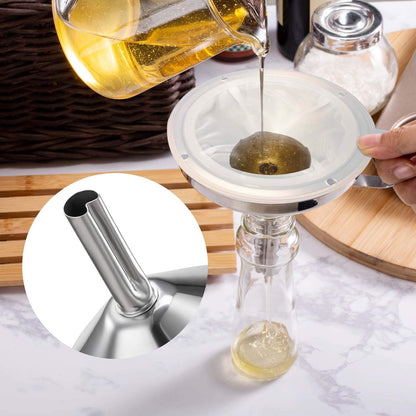 Premium Stainless Steel Funnel, 5 Inch Food Grade Kitchen Funnels with 200 Mesh Food Filter Strainer for Filling Bottles, Oils, Juice, Wine, Coffee, Milk