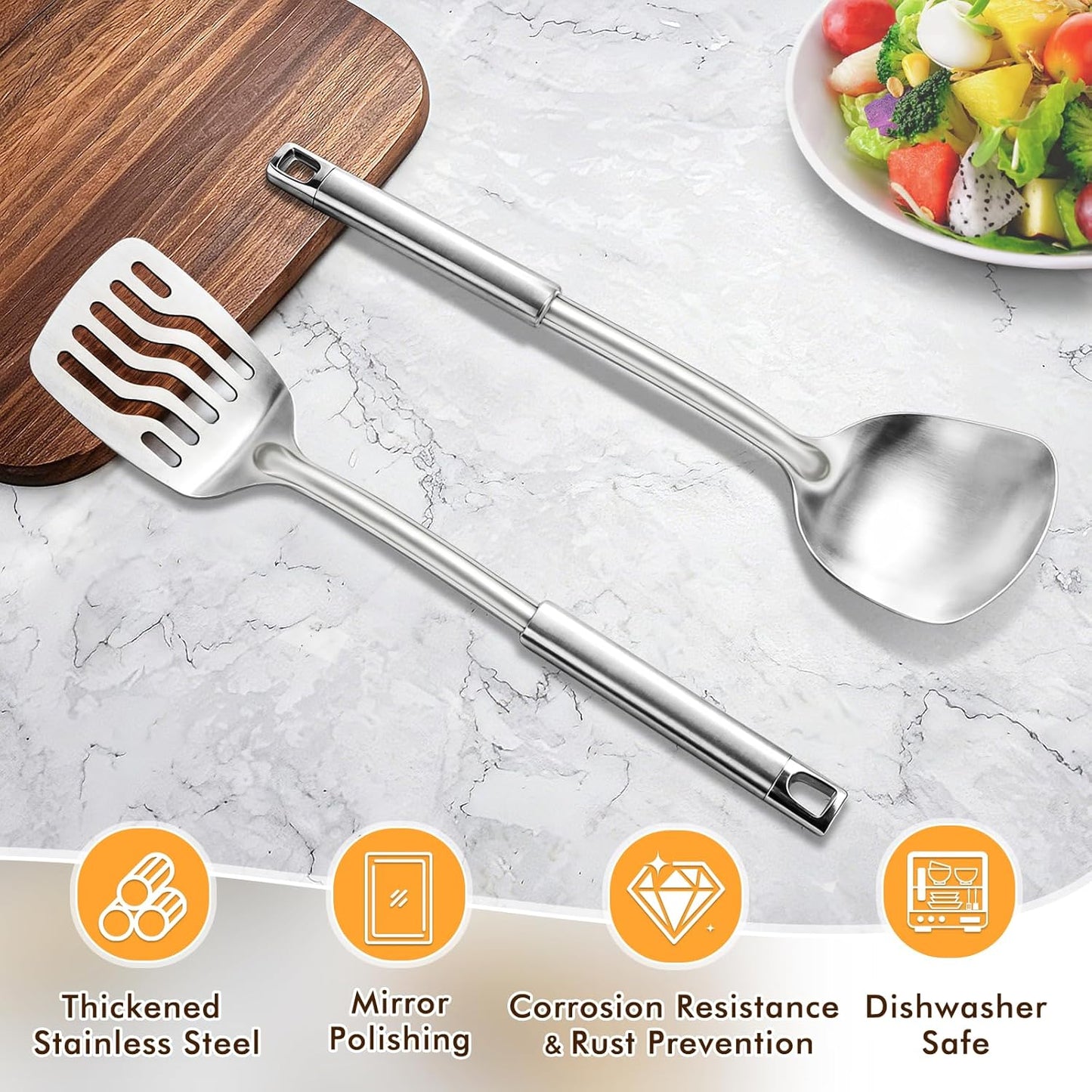 2 Pcs Silicone Stainless Steel Spatulas Set, Metal Spatula Solid & Slotted Turner, Heavy Duty Sturdy Spatula for Kitchen Use, High Heat Resistant Cooking Utensils for Fish Eggs Pancakes, Easy to Clean
