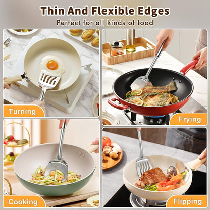 2 Pcs Silicone Stainless Steel Spatulas Set, Metal Spatula Solid & Slotted Turner, Heavy Duty Sturdy Spatula for Kitchen Use, High Heat Resistant Cooking Utensils for Fish Eggs Pancakes, Easy to Clean