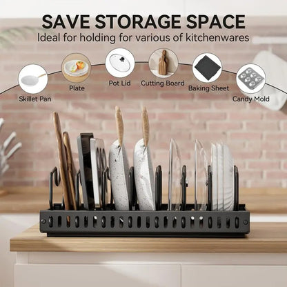 2 Pack Pull Out Cabinet Organizer for Pots and Pans, Black Storage Rack with 8 Adjustable Dividers, Kitchen Cabinet Organizer for Pot Lids, Bakeware, Dishes Storage