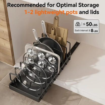 2 Pack Pull Out Cabinet Organizer for Pots and Pans, Black Storage Rack with 8 Adjustable Dividers, Kitchen Cabinet Organizer for Pot Lids, Bakeware, Dishes Storage