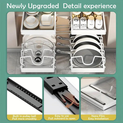2 Pack Pull Out Cabinet Organizer for Pots and Pans, Black Storage Rack with 8 Adjustable Dividers, Kitchen Cabinet Organizer for Pot Lids, Bakeware, Dishes Storage