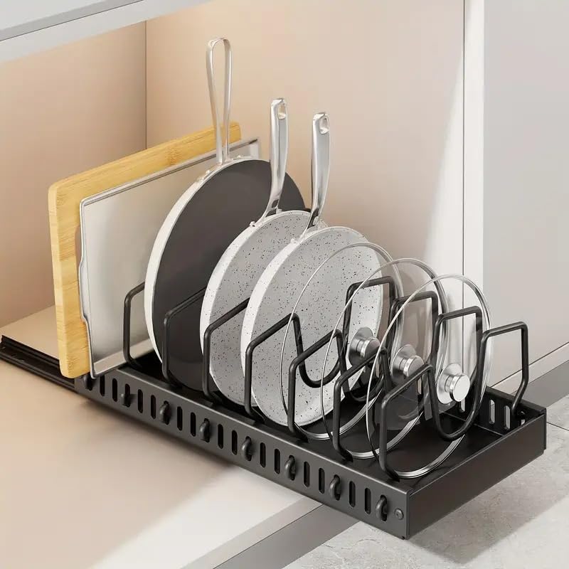 2 Pack Pull Out Cabinet Organizer for Pots and Pans, Black Storage Rack with 8 Adjustable Dividers, Kitchen Cabinet Organizer for Pot Lids, Bakeware, Dishes Storage