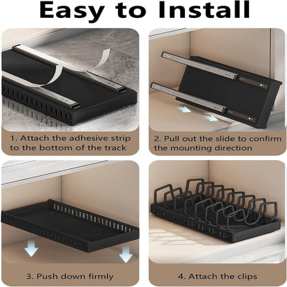 2 Pack Pull Out Cabinet Organizer for Pots and Pans, Black Storage Rack with 8 Adjustable Dividers, Kitchen Cabinet Organizer for Pot Lids, Bakeware, Dishes Storage