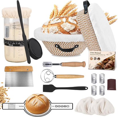 Sourdough Starter Kit with Round & Oval Banneton Bread Proofing Basket Set