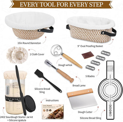 Sourdough Starter Kit with Round & Oval Banneton Bread Proofing Basket Set