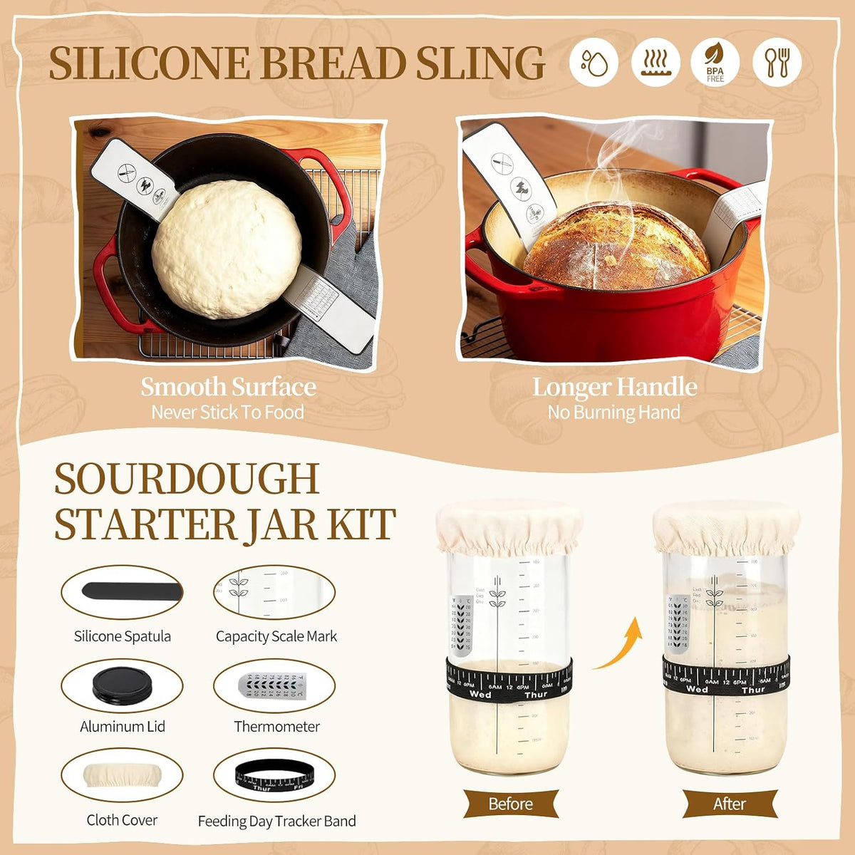 Sourdough Starter Kit with Round & Oval Banneton Bread Proofing Basket Set