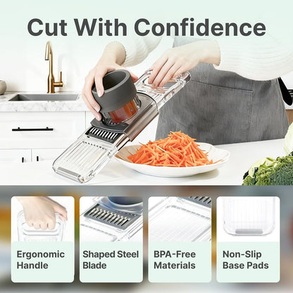 ZKIRON Mandoline Slicer for Kitchen, 6-in-1 Multifunctional Handheld Vegetable Cutter with Transparent Body & Safety Guard, Potato Slicer Cucumber Julienne Shredder, Compact Salad Prep Gadget