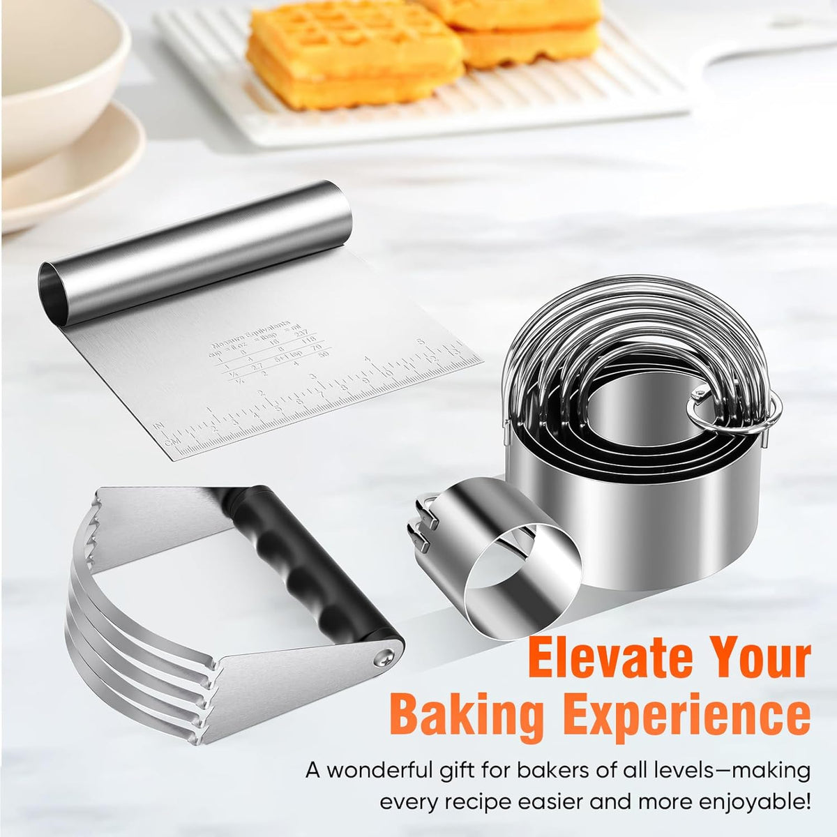 Stainless Steel Biscuit Cutter Set, Pastry Scraper and Dough Blender, Sturdy & Long-Lasting with Ergonomic Rubber Grip, Baking Dough Tools for Cooking Cookies and Donuts, Cakes, or Making Pancakes