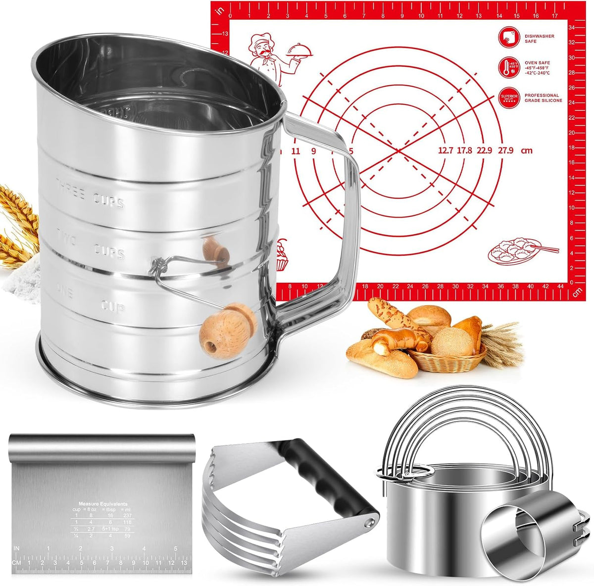 Stainless Steel Biscuit Cutter Set, Pastry Scraper and Dough Blender, Sturdy & Long-Lasting with Ergonomic Rubber Grip, Baking Dough Tools for Cooking Cookies and Donuts, Cakes, or Making Pancakes
