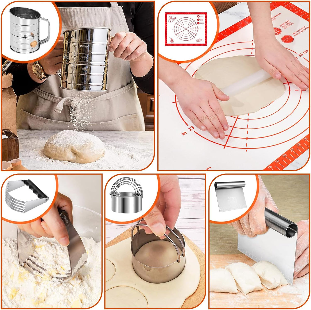 Stainless Steel Biscuit Cutter Set, Pastry Scraper and Dough Blender, Sturdy & Long-Lasting with Ergonomic Rubber Grip, Baking Dough Tools for Cooking Cookies and Donuts, Cakes, or Making Pancakes