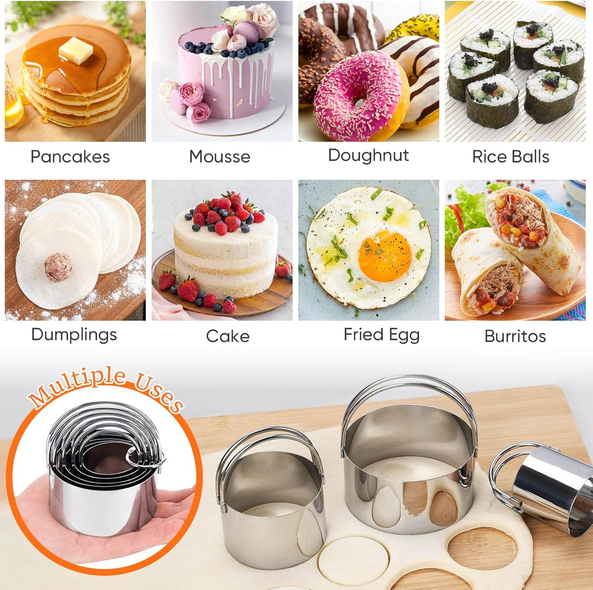 Stainless Steel Biscuit Cutter Set, Pastry Scraper and Dough Blender, Sturdy & Long-Lasting with Ergonomic Rubber Grip, Baking Dough Tools for Cooking Cookies and Donuts, Cakes, or Making Pancakes