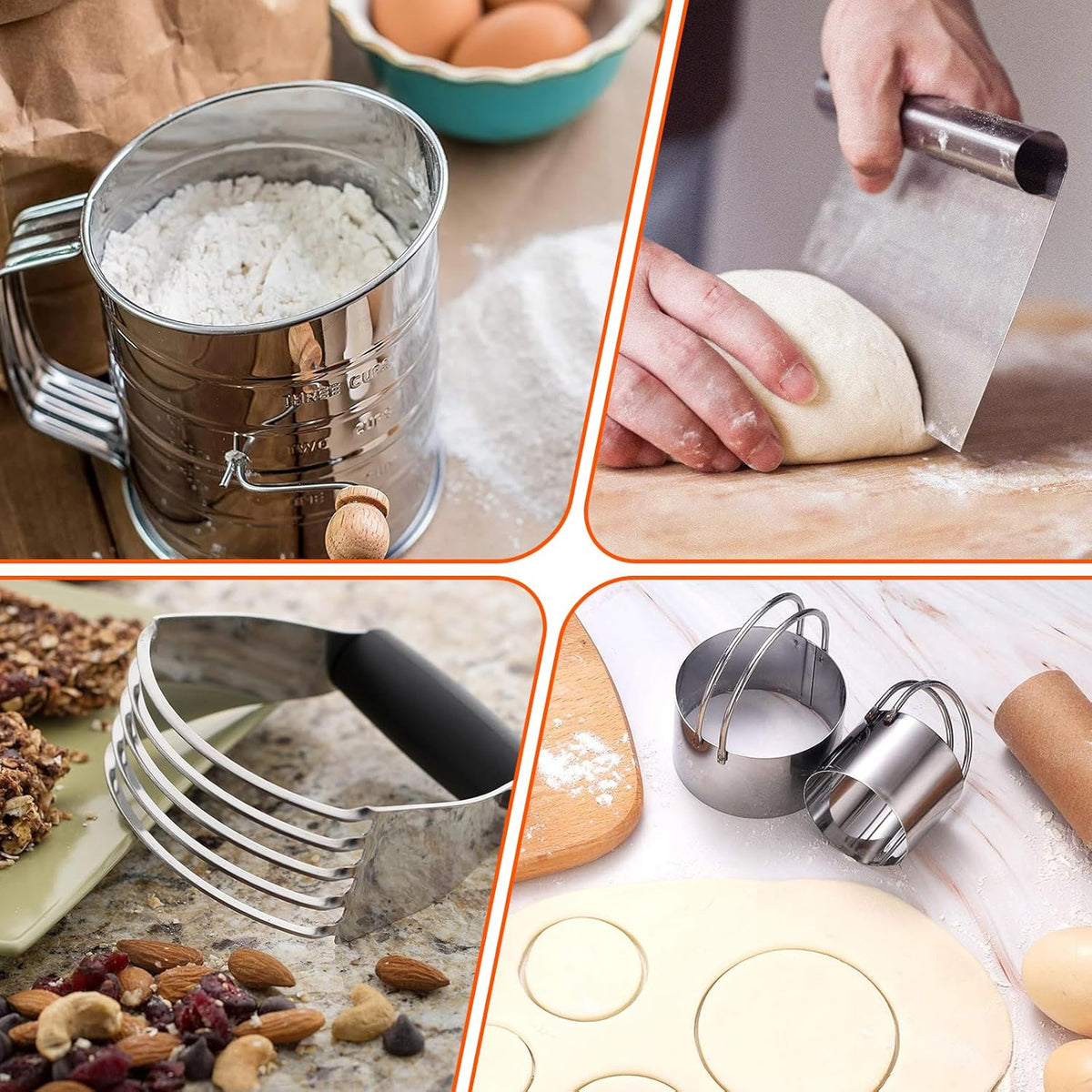 Stainless Steel Biscuit Cutter Set, Pastry Scraper and Dough Blender, Sturdy & Long-Lasting with Ergonomic Rubber Grip, Baking Dough Tools for Cooking Cookies and Donuts, Cakes, or Making Pancakes
