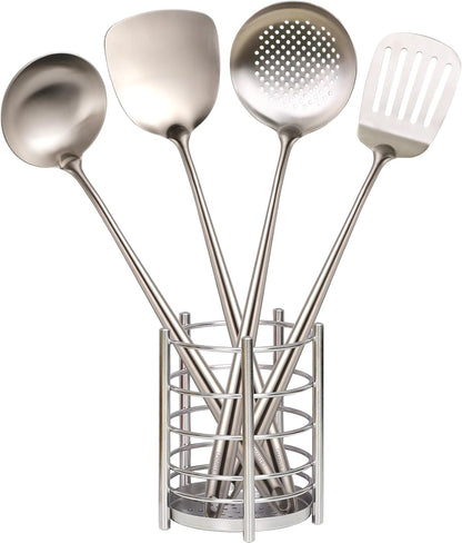 Kitchen Cooking Utensils Set, 5 Pcs Stainless Steel Cooking Kitchen Utensils Spatula Set with Holder, Heat-Resistant Spatula and Ladle Skimmer Turner Tool Set，Dishwasher Safe & BPA Free
