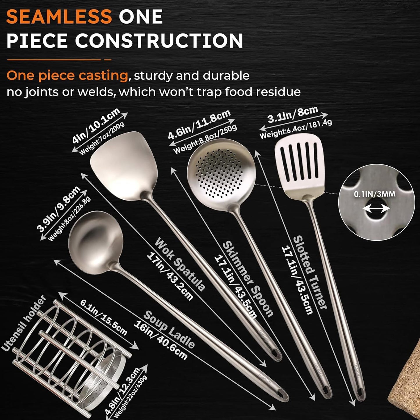 Kitchen Cooking Utensils Set, 5 Pcs Stainless Steel Cooking Kitchen Utensils Spatula Set with Holder, Heat-Resistant Spatula and Ladle Skimmer Turner Tool Set，Dishwasher Safe & BPA Free