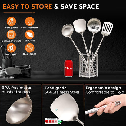 Kitchen Cooking Utensils Set, 5 Pcs Stainless Steel Cooking Kitchen Utensils Spatula Set with Holder, Heat-Resistant Spatula and Ladle Skimmer Turner Tool Set，Dishwasher Safe & BPA Free