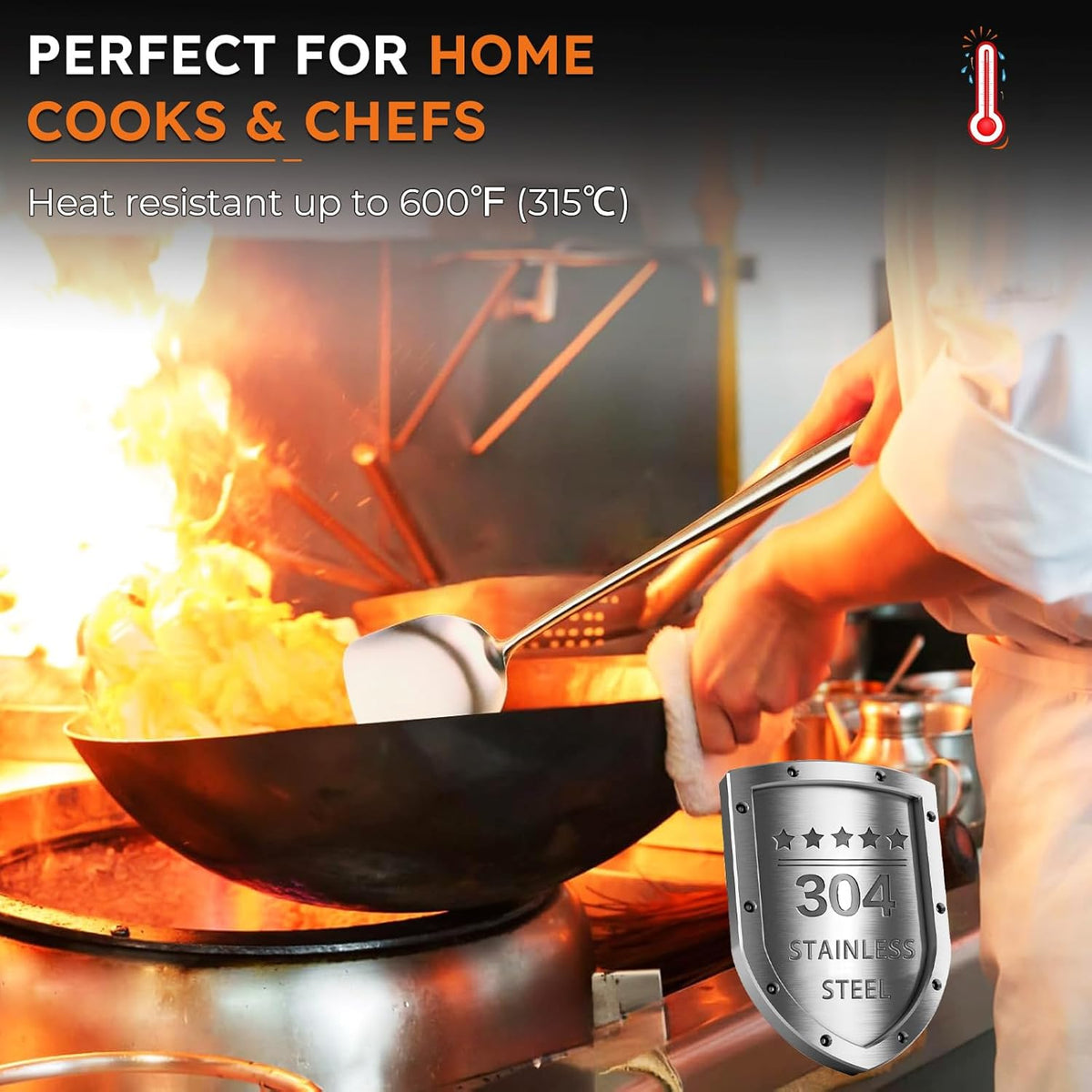 Kitchen Cooking Utensils Set, 5 Pcs Stainless Steel Cooking Kitchen Utensils Spatula Set with Holder, Heat-Resistant Spatula and Ladle Skimmer Turner Tool Set，Dishwasher Safe & BPA Free