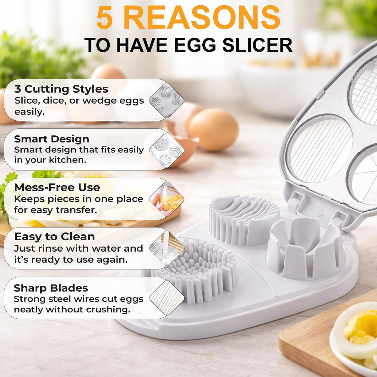Egg Slicer for Hard Boiled Eggs – 3-in-1 Stainless Steel Egg Cutter & Hard Boiled Egg Slicer, Heavy Duty Egg Chopper with Cleaning Brush for Strawberry, Mushroom, Grape, Cherry Tomato