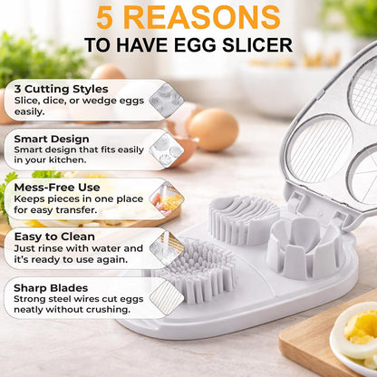 Egg Slicer for Hard Boiled Eggs – 3-in-1 Stainless Steel Egg Cutter & Hard Boiled Egg Slicer, Heavy Duty Egg Chopper with Cleaning Brush for Strawberry, Mushroom, Grape, Cherry Tomato