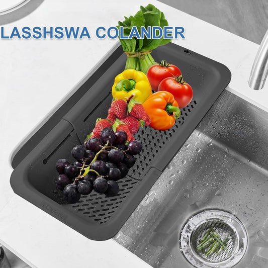 Collapsible Colander for Kitchen, Over the Sink Strainer Basket for Kitchen, Fruit Pasta Food Strainer Expandable Plastic Colander BPA Free (Black)