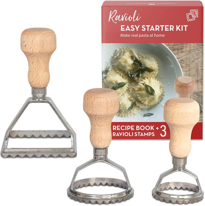 Easy Ravioli Maker Cutter Kit | 3 Ravioli Mold Pasta Gift Set + Cookbook | Ravioli Press Guide to Making Ravioli and Stamp Stuffed Pastas like Tortellini + Recipes for Classic Fillings and Sauces