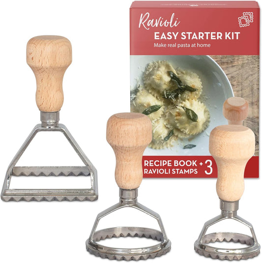 Easy Ravioli Maker Cutter Kit | 3 Ravioli Mold Pasta Gift Set + Cookbook | Ravioli Press Guide to Making Ravioli and Stamp Stuffed Pastas like Tortellini + Recipes for Classic Fillings and Sauces