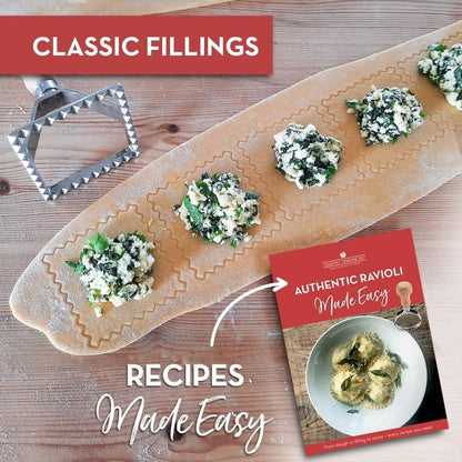 Easy Ravioli Maker Cutter Kit | 3 Ravioli Mold Pasta Gift Set + Cookbook | Ravioli Press Guide to Making Ravioli and Stamp Stuffed Pastas like Tortellini + Recipes for Classic Fillings and Sauces