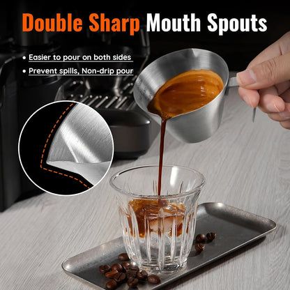 2 Pcs Espresso Cups with Handle, Stainless Steel Espresso Accessories, Double Spout Metal Measuring Cup with Dual Scale, Espresso Shot cup with V-Shaped Mouth, 3.4OZ/100ML(Silver)