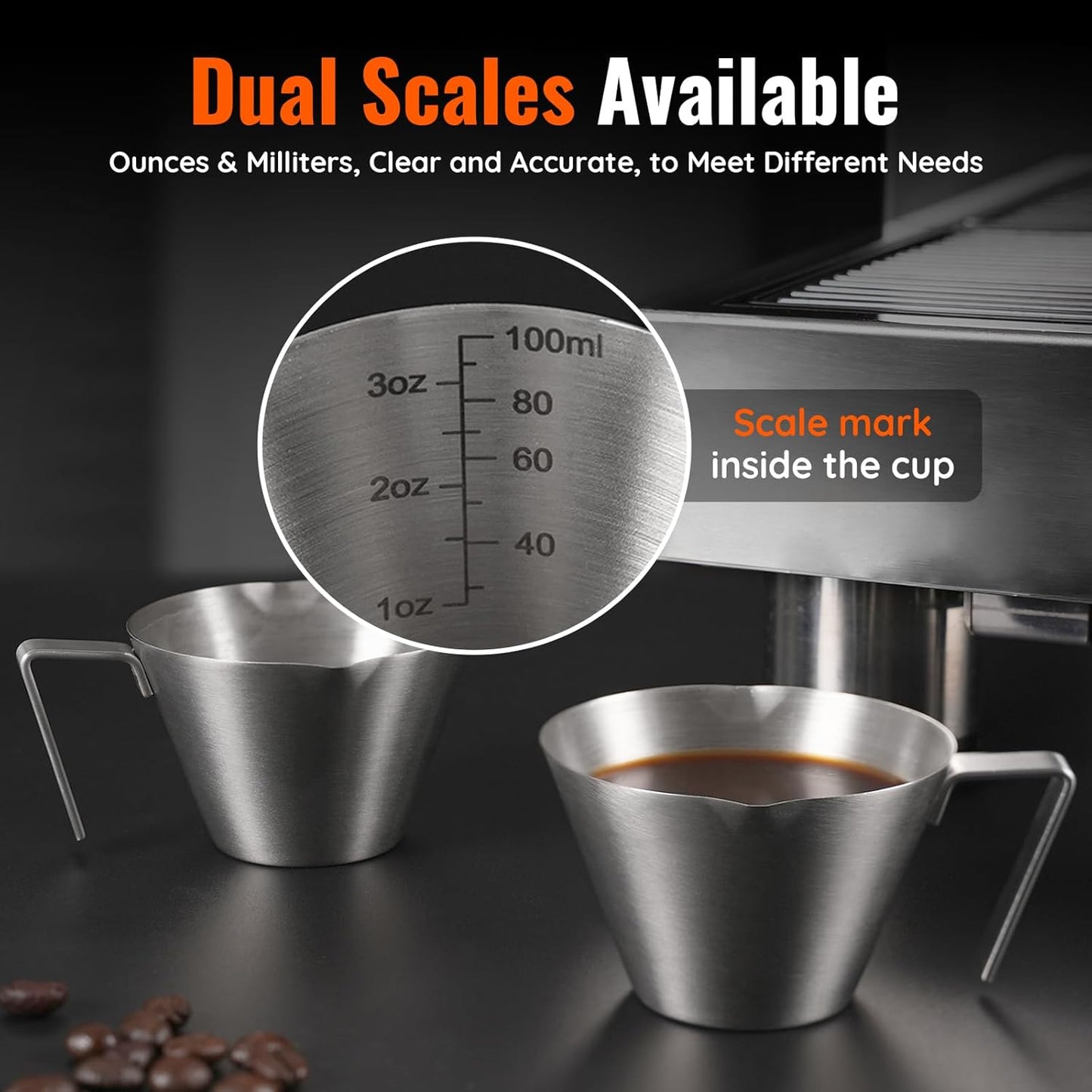 2 Pcs Espresso Cups with Handle, Stainless Steel Espresso Accessories, Double Spout Metal Measuring Cup with Dual Scale, Espresso Shot cup with V-Shaped Mouth, 3.4OZ/100ML(Silver)