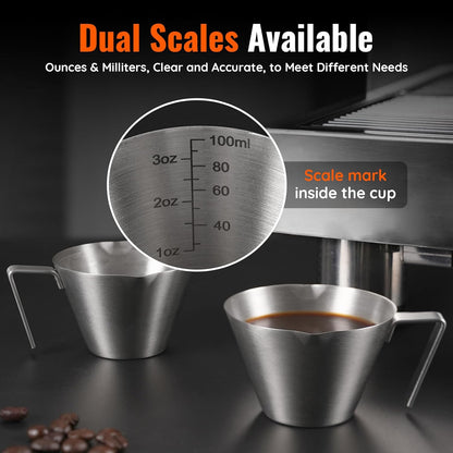 2 Pcs Espresso Cups with Handle, Stainless Steel Espresso Accessories, Double Spout Metal Measuring Cup with Dual Scale, Espresso Shot cup with V-Shaped Mouth, 3.4OZ/100ML(Silver)