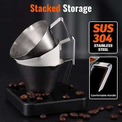 2 Pcs Espresso Cups with Handle, Stainless Steel Espresso Accessories, Double Spout Metal Measuring Cup with Dual Scale, Espresso Shot cup with V-Shaped Mouth, 3.4OZ/100ML(Silver)
