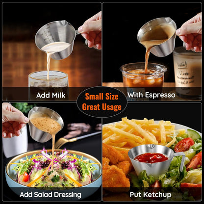 2 Pcs Espresso Cups with Handle, Stainless Steel Espresso Accessories, Double Spout Metal Measuring Cup with Dual Scale, Espresso Shot cup with V-Shaped Mouth, 3.4OZ/100ML(Silver)