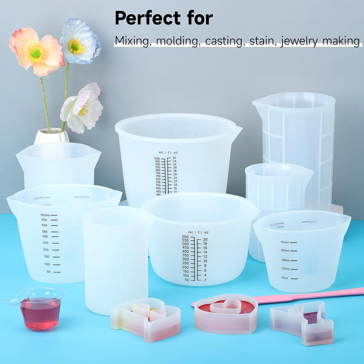 300ml Large Silicone Measuring Cups, 10OZ Reusable Squeeze and Pour Resin Cups for Epoxy, Casting Molds, Slime, Craft Art Projects, Cup Making, Waxing, 6 Packs