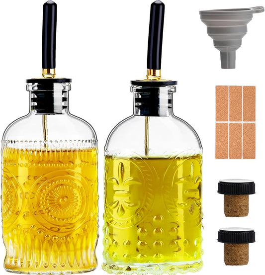 Oil Bottle Set of 2, 7 oz Glass Dispensers with Metal Pourers | Embossed nonslip bottles include airtight stoppers, silicone caps and a funnel for pouring cooking oil, vinegar or syrup