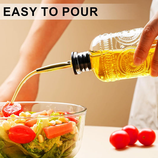 Oil Bottle Set of 2, 7 oz Glass Dispensers with Metal Pourers | Embossed nonslip bottles include airtight stoppers, silicone caps and a funnel for pouring cooking oil, vinegar or syrup
