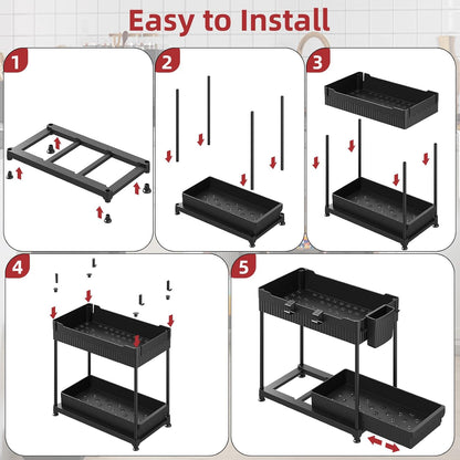 4 Pack Under Sink Organizer, Bathroom Organizers and Storage, 2 Tier Multi-Use Pull Out Cabinet Organizer with Hang Hooks and Cups (Black, 4 Pack)