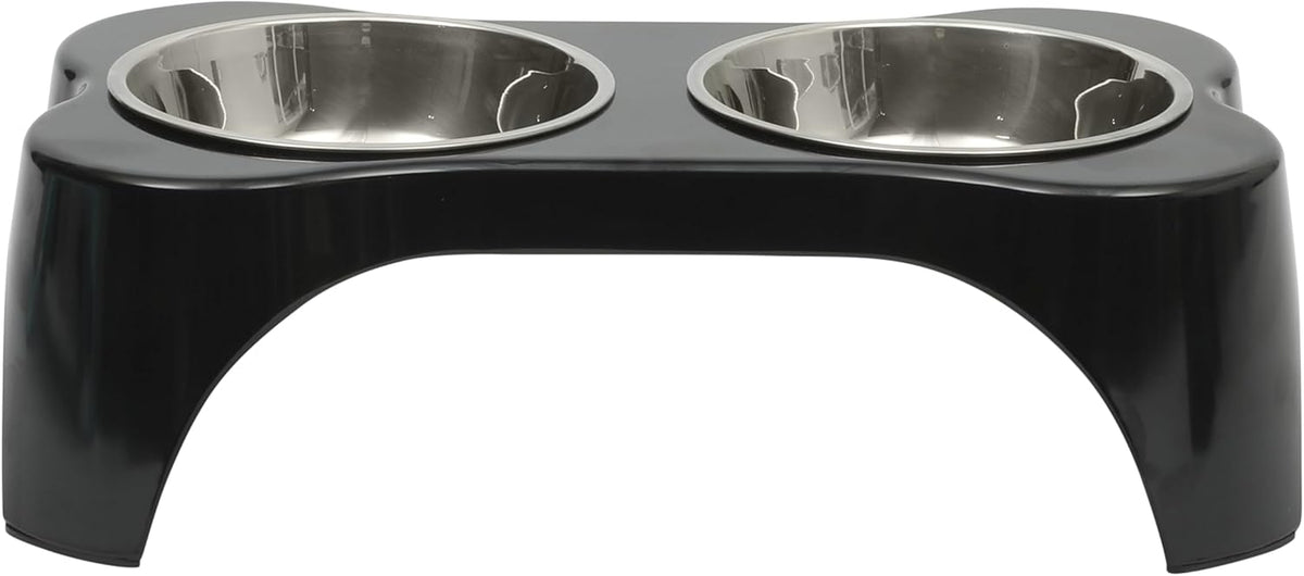 Gibson Home Bow Wow Meow 3-Piece Elevated Dog Bowl Set – Bone-Shaped Raised Feeder with 2 Stainless Steel Bowls for Medium to Large Dogs, Non-Slip, Easy to Clean, Black