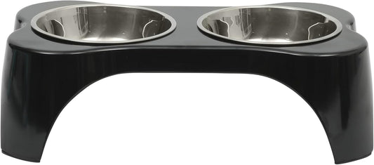 Gibson Home Bow Wow Meow 3-Piece Elevated Dog Bowl Set – Bone-Shaped Raised Feeder with 2 Stainless Steel Bowls for Medium to Large Dogs, Non-Slip, Easy to Clean, Black