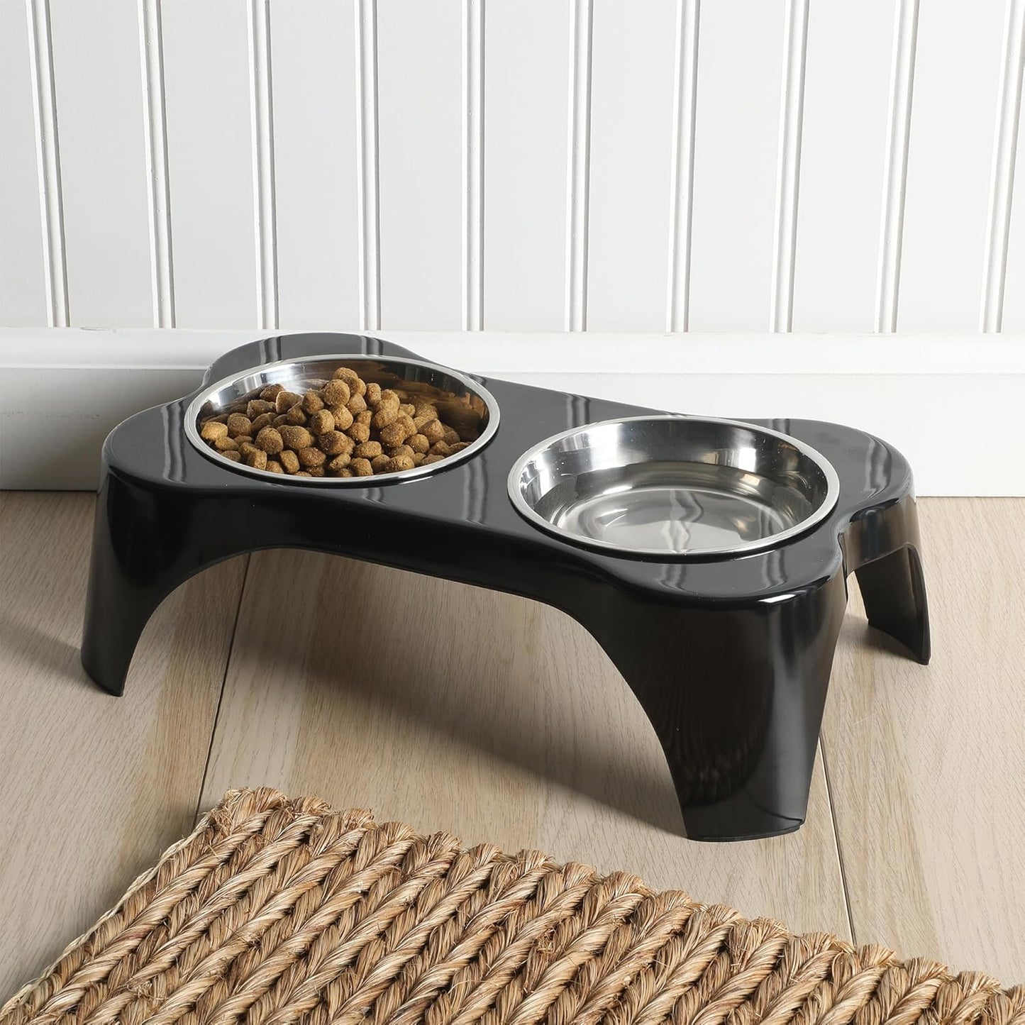 Gibson Home Bow Wow Meow 3-Piece Elevated Dog Bowl Set – Bone-Shaped Raised Feeder with 2 Stainless Steel Bowls for Medium to Large Dogs, Non-Slip, Easy to Clean, Black