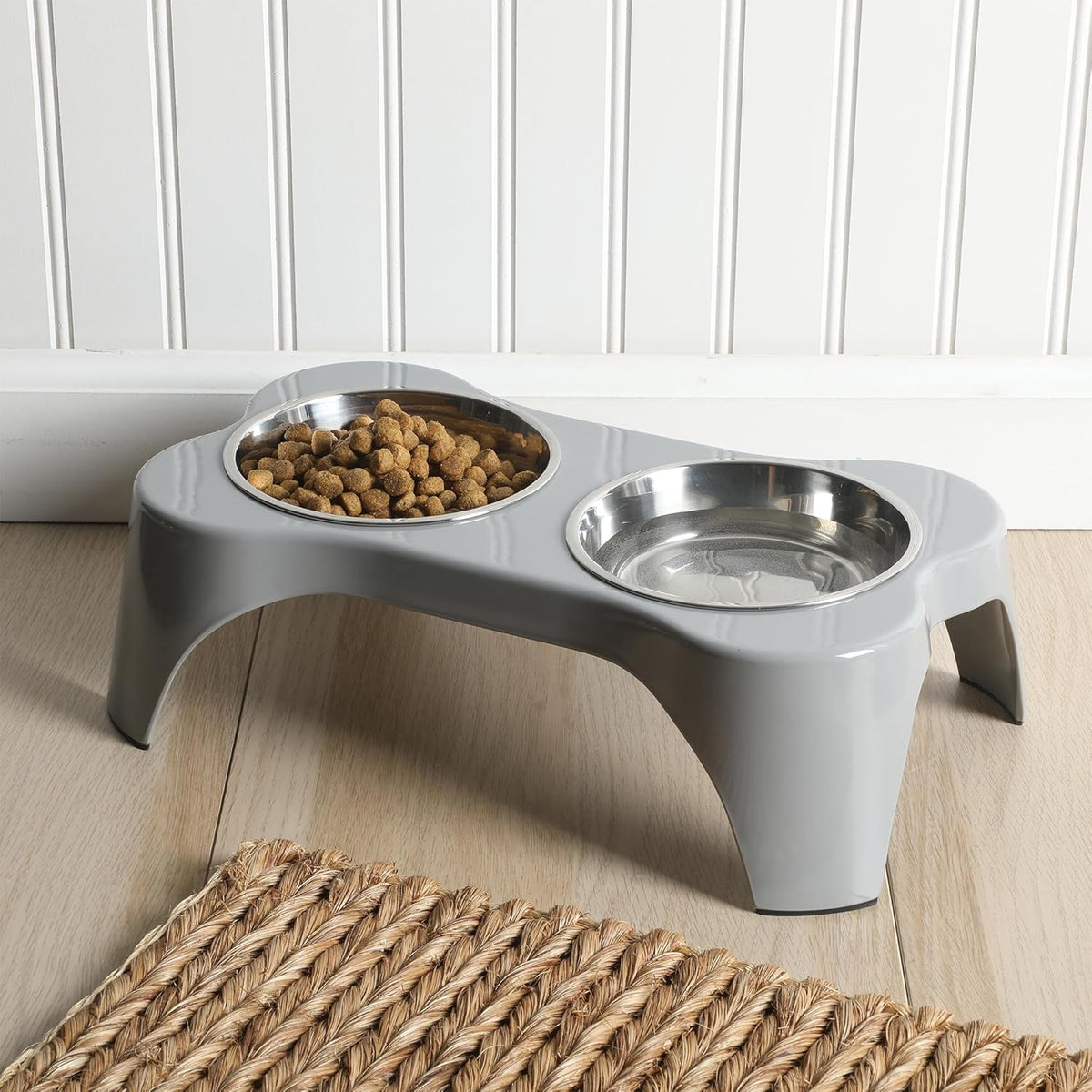 Gibson Home Bow Wow Meow 3-Piece Elevated Dog Bowl Set – Bone-Shaped Raised Feeder with 2 Stainless Steel Bowls for Medium to Large Dogs, Non-Slip, Easy to Clean, Black