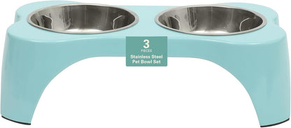 Gibson Home Bow Wow Meow 3-Piece Elevated Dog Bowl Set – Bone-Shaped Raised Feeder with 2 Stainless Steel Bowls for Medium to Large Dogs, Non-Slip, Easy to Clean, Black