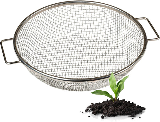 Round Soil Sifter, 1/4-inch Stainless Steel Sieve with Handles | Fits 5-gallon buckets, rigid one-piece frame, built-in handles