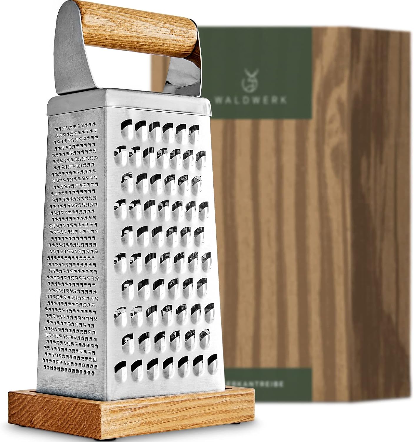 Premium Grater with Etched Stainless Steel Blades - Grater for Kitchen with Oak Wood Base - Box Grater with 4 Sides for Parmesan Cheese, Vegetables, Carrots, or Potatoes - Cheese Grater