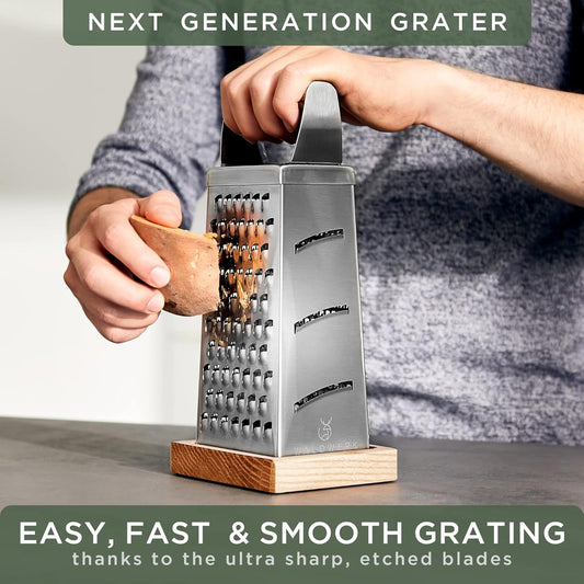 Premium Grater with Etched Stainless Steel Blades - Grater for Kitchen with Oak Wood Base - Box Grater with 4 Sides for Parmesan Cheese, Vegetables, Carrots, or Potatoes - Cheese Grater