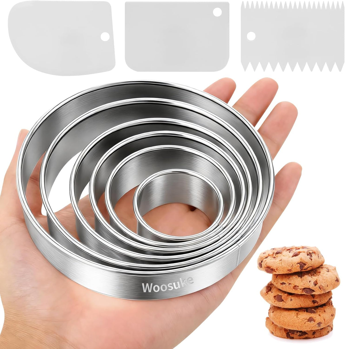 9Pcs Round Cookie Cutter Set - Stainless Steel Biscuit Cutters(2,3,3.5,4,5,6Inch) with 3 Firm Plastic Dough Scrapers – Large Circle Cookie Cutter for Baking Pastry, Donuts, Fondant & Brownies